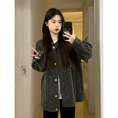 日系复古毛衣女2023春秋冬季慵懒风外穿宽松软糯针织开衫上衣外套商品大图