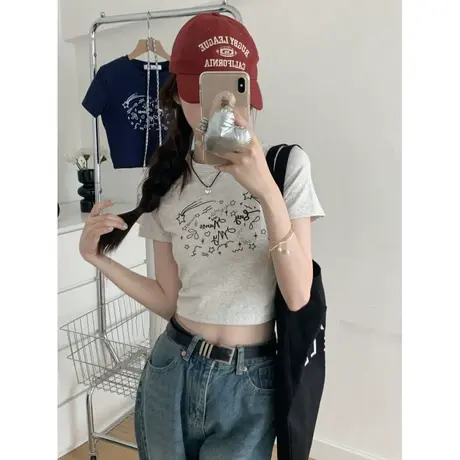 韩版修身短款趣味印花短袖T恤女春季2024新款百搭显瘦灰色上衣ins商品大图