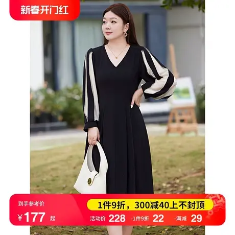 2024大码女装春季新款气质V领显瘦胖MM连衣裙收腰长款雪纺小黑裙图片