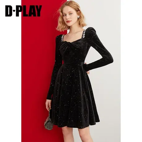 DPLAY新法式宫廷风定制镶钻爱心肩链高腰丝绒A字裙轻礼服图片