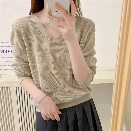 镂空设计感针织衫女春季2024年新款宽松套头V领内搭洋气针织上衣图片