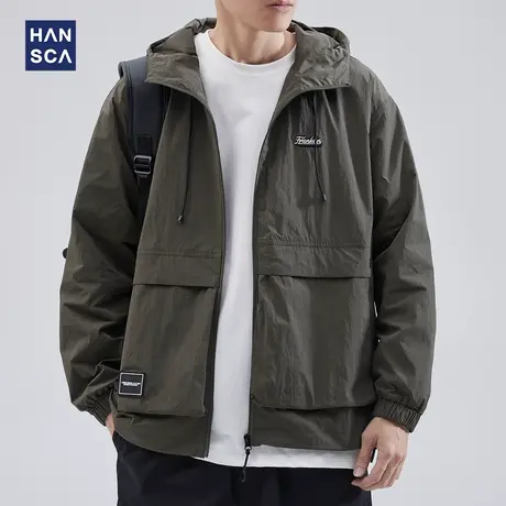 hansca军绿色冲锋衣外套男夏季薄款连帽工装户外休闲钓鱼防晒服潮商品大图