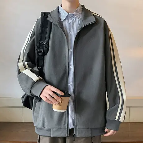 国潮立领夹克男春秋款条纹拼接外套男装潮牌上衣服青少年运动褂子商品大图