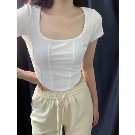 韩系chic高级感鱼骨短袖T恤女夏装2024新款修身大领口U领短款上衣商品大图