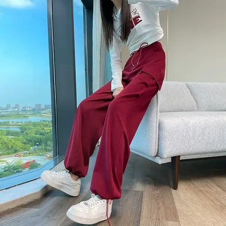 束脚工装裤女春秋季2024新款高腰垂感高街松紧腰两穿美式阔腿裤子图片