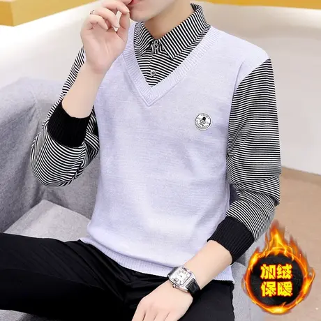 春秋季假两件套长袖衬衫潮流韩版马甲寸衬衣一体冬装加绒加厚毛衣商品大图