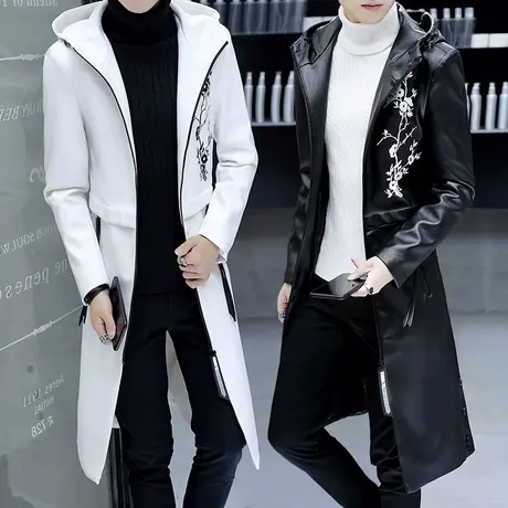 男士皮衣冬季帅气加棉保暖防寒潮牌机车服加厚中长款过膝风衣外套商品大图