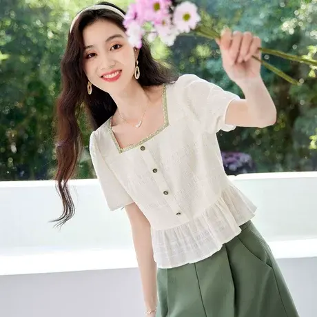 时尚气质短袖衬衫2023年夏季新款淑女温柔甜美方领显瘦通勤上衣商品大图