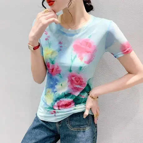 欧货气质网纱T恤女短袖夏季时尚漂亮减龄小衫扎染印花圆领上衣ins商品大图