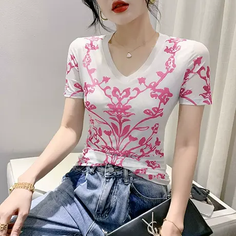 气质印花V领短袖T恤女2023夏季新款性感修身小衫时尚网纱上衣体恤商品大图