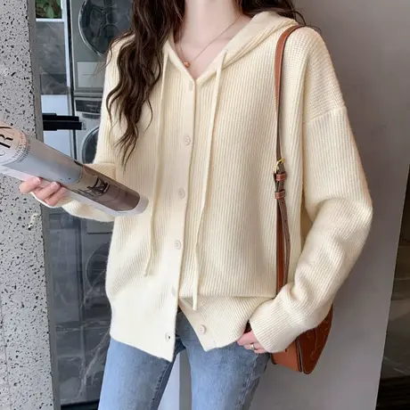 连帽时尚百搭针织开衫外搭2023年韩版新款外套纯色短款毛衣洋气女商品大图