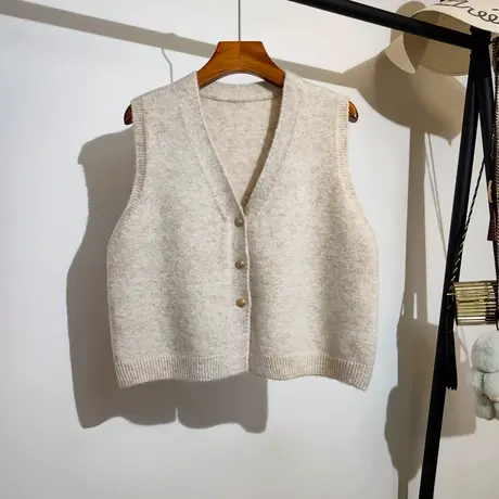 针织马甲开衫女春秋新款宽松v领单排扣纯色无袖坎肩毛衣背心外穿商品大图