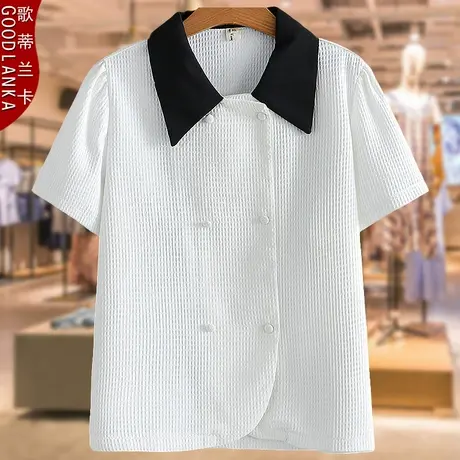 中年妈妈夏季短袖衬衫洋气时尚华夫格小衫加肥加大码女撞色领上衣图片