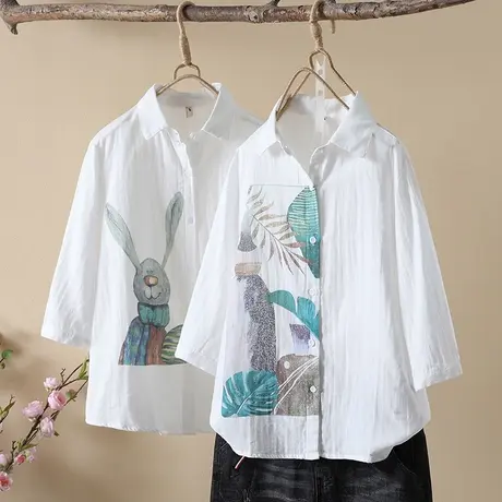 夏装韩版文艺印花宽松显瘦休闲百搭七分袖衬衫女舒适透气中袖上衣商品大图