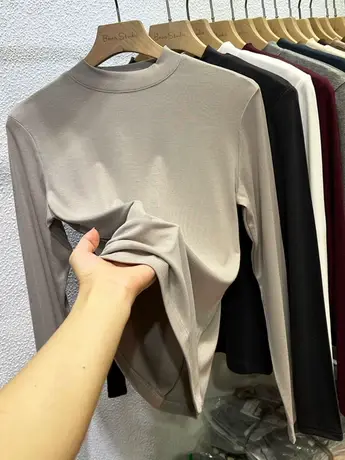 2023半高领小立领长袖T恤女洋气百搭秋冬薄内搭打底衫莫代尔上衣商品大图