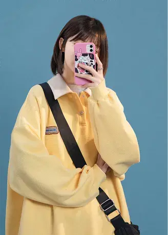 polo领华夫格卫衣女春秋薄款学生宽松慵懒风oversize复古美式上衣商品大图