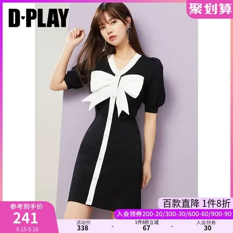 DPLAY春新复古黑色V领泡泡袖蝴蝶结针织连衣裙图片