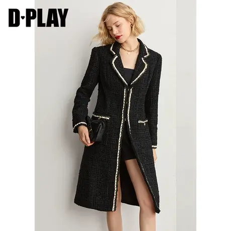 DPLAY【黑标】秋装新复古黑色精致织带金属边小香风毛呢大衣商品大图