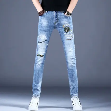 2023春季男士新款牛仔裤子简约修身精致刺绣原宿风小脚裤潮牌百搭图片
