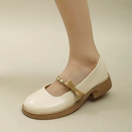 永希鞋子女夏季2023年新款白色浅口法式蝴蝶结职业复古珍珠小皮鞋图片