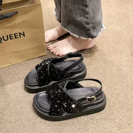 一字扣凉鞋女夏季厚底2023年新款百搭显瘦平底亮片时尚沙滩罗马鞋商品大图
