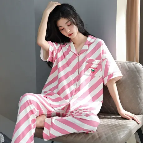 婷美2024年新款睡衣女夏季纯棉短袖长裤开衫夏天可外穿家居服套装商品大图