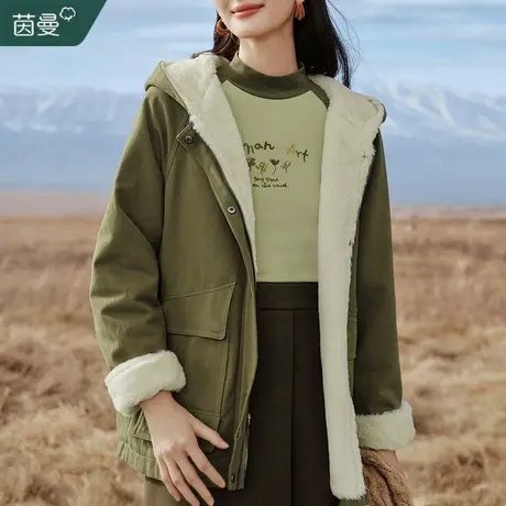 茵曼加绒加厚连帽风衣外套女2023冬季新款夹棉冲锋衣工装棉衣棉服图片
