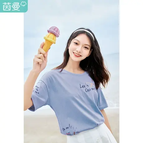 茵曼2023夏装新款童趣卡通形象印花英文立体绣花圆领短袖T恤休闲图片