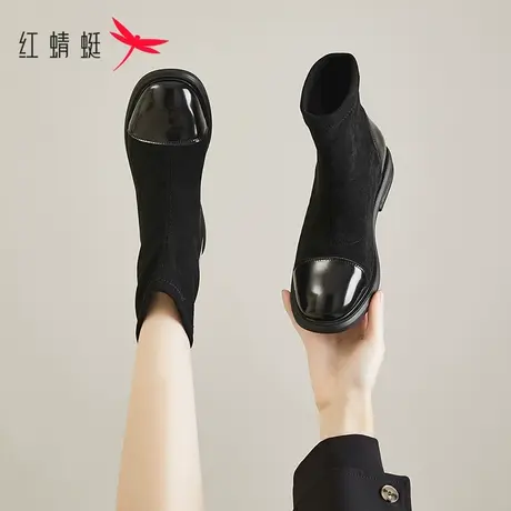 红蜻蜓切尔西靴秋款短靴2022新款黑色显瘦拼接弹力瘦瘦靴春秋单靴图片