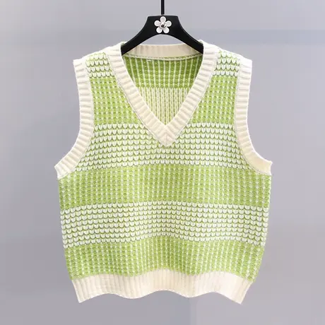 撞色条纹V领针织马甲女春装2023新款日系学院风宽松外穿毛衣背心图片
