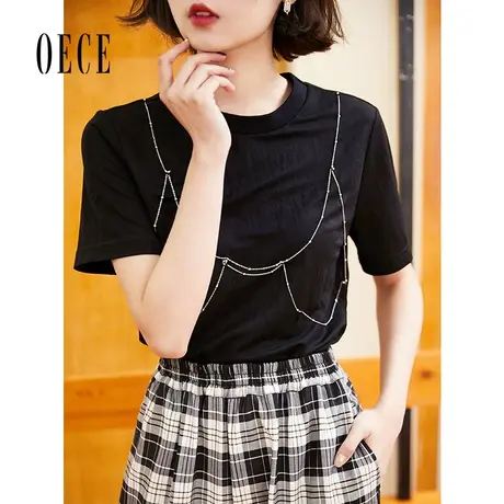 Oece设计感上衣2022夏装新款女装不撞衫心机复古个性圆领短袖T恤图片