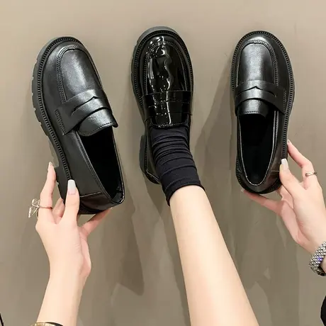 黑色小皮鞋女2024秋季一脚蹬皮鞋女款新款英伦风厚底乐福鞋单鞋女图片