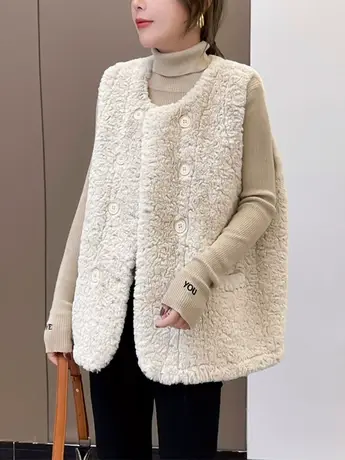 羊羔毛马甲女2023秋冬季新款加厚韩版简约无袖坎肩背心欧货上衣潮商品大图