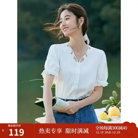 茵曼法式文艺衬衣2023夏女装新款纯棉提花V领修身显瘦泡泡袖衬衫图片