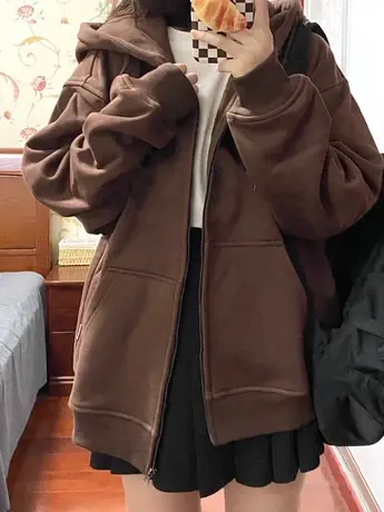 oversize卫衣女2023春秋设计感小众上衣连帽大码薄款开衫拉链外套商品大图