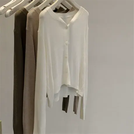 气质轻熟风~2023秋季新款韩版薄款纯色长袖针织开衫毛衣外套女商品大图