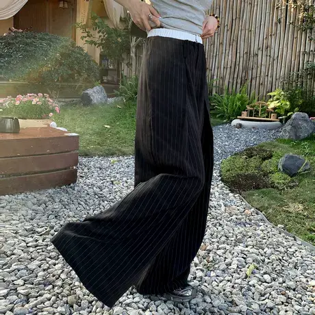 尔给西裤竖条纹高腰阔腿休闲裤女宽松显瘦设计感拖地裤图片