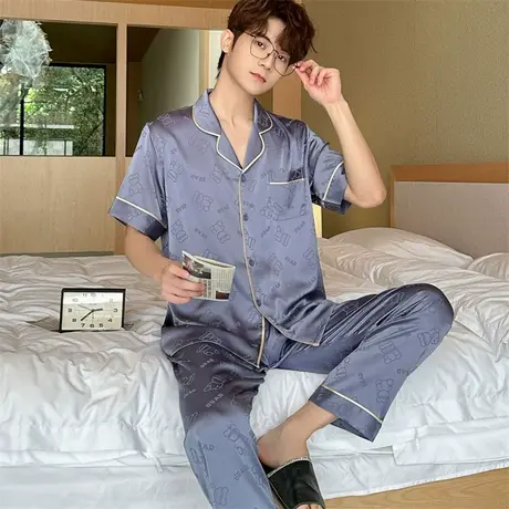 睡衣男士夏季短袖高级感丝绸家居服冰丝凉感薄款仿真丝绸缎套装商品大图
