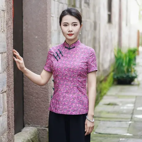 筠雅夏季新款简约清新旗袍式上衣唐装女改良版修身复古素衣24J211商品大图