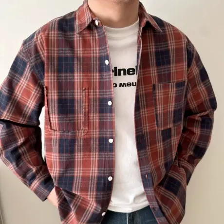 DAEVU大码男装春秋宽松红格子衬衫加肥加大男款长袖休闲衬衣外套商品大图
