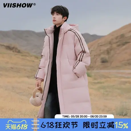 VIISHOW国潮牌情侣美式连帽长款棉服条纹棉袄方形保暖棉衣外套男商品大图