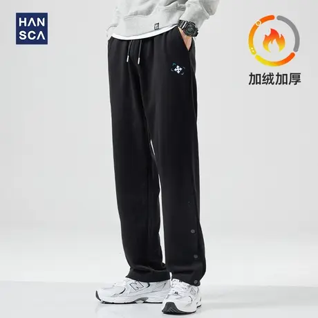 清仓特卖hansca加绒卫裤男冬季黑色重磅直筒运动青少年排扣长裤子图片