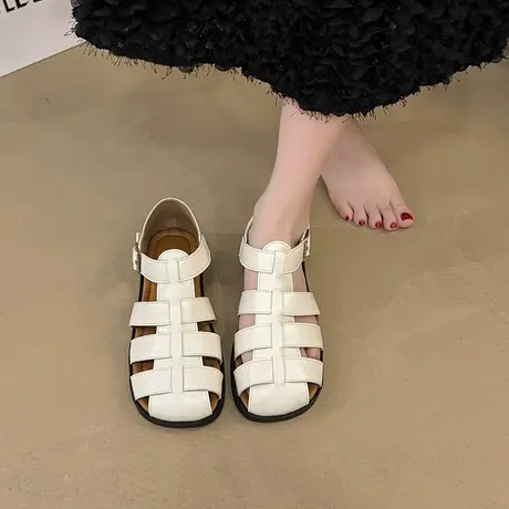 法式包头凉鞋女2025夏季新款通勤高级透气复古猪笼鞋平底百搭鞋子商品大图