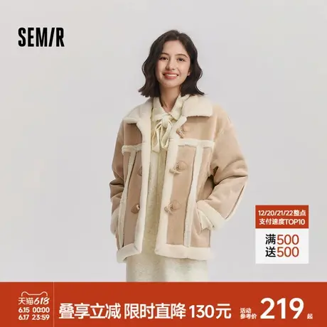 森马外套女牛角扣翻领宽松复古文艺2024冬季新款仿麂皮仿兔毛夹克商品大图