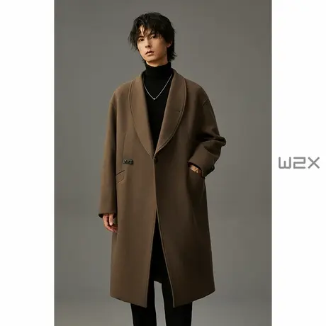 w2x2023冬季皮扣设计感羊毛呢大衣男中长款时尚青年妮子风衣外套图片