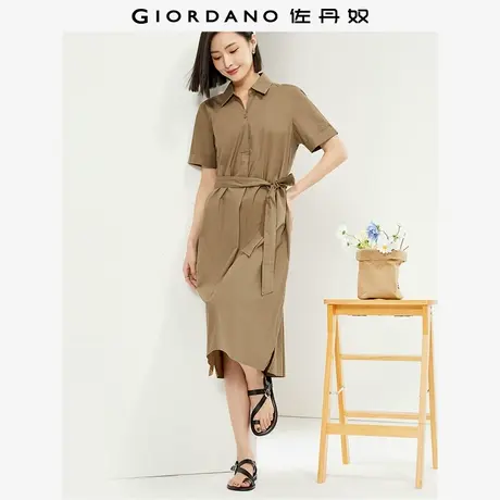 佐丹奴裙子女装纯棉府绸梭织配腰带V字翻领连衣裙 05464325图片