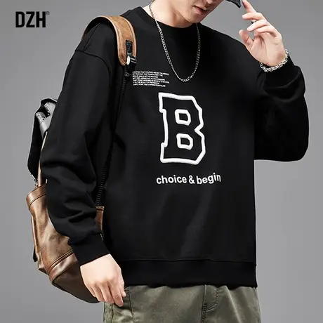 男士黑色重磅美式卫衣男秋季圆领刺绣字母上衣休闲外套2023年新款商品大图