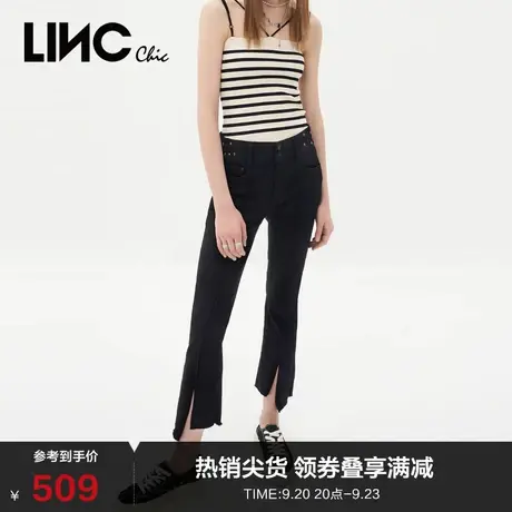 LINCCHIC金羽杰裤子新款弹力中腰喇叭裤开衩牛仔裤女S232JE355Y商品大图