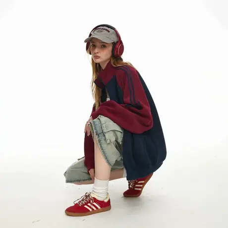 春秋新款潮牌撞色拼接拉链开衫立领卫衣外套女宽松运动情侣款上衣图片