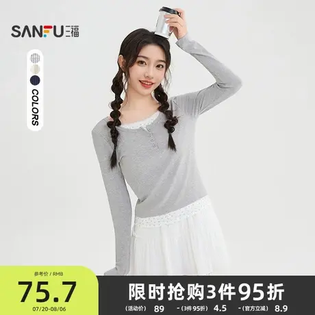 三福长袖T恤2025新款秋季韩系蕾丝碎花拼接假两件上衣女装507566商品大图